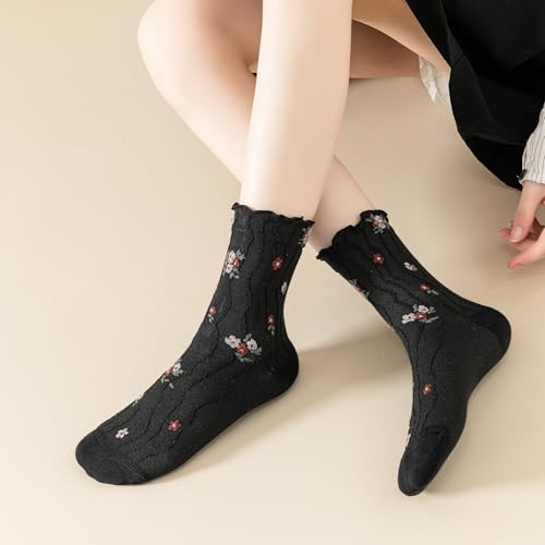 Image of Womens Ruffle Crew Socks Vintage Patterned Ankle Casual Fashion Dress Sock Cute Lettuce Floral Socks 5 /6 Pack