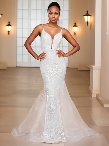 Image of Spaghetti Sequin Formal Dress Tulle Mermaid Floor Length Evening Night Party Gown
