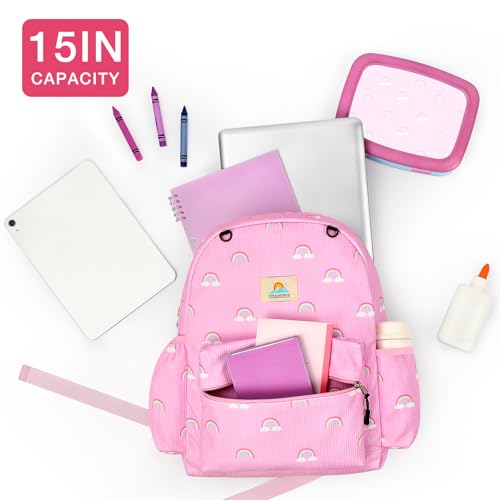 Image of STEAMEDBUN Corduroy Kids Backpack for Girls 5-8: Girls Backpack for Elementary Kindergarten - 15 inch Cute Backpacks for Kids - Rainbow