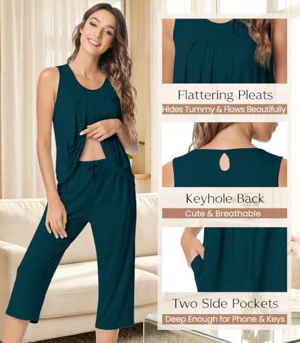 Image of NACHILA Pajamas for Women-Viscose Made from Bamboo, Sleeveless Pjs Tank Top Capri Pants Pajama Sets Cooling Sleepwear