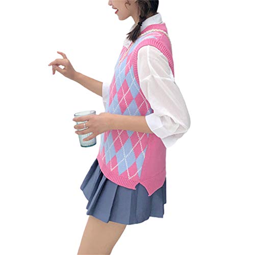 Women Streetwear Preppy Style Knitwear Sleeveless Tank Top V Neck Argyle Plaid Knitted Sweater Vest3