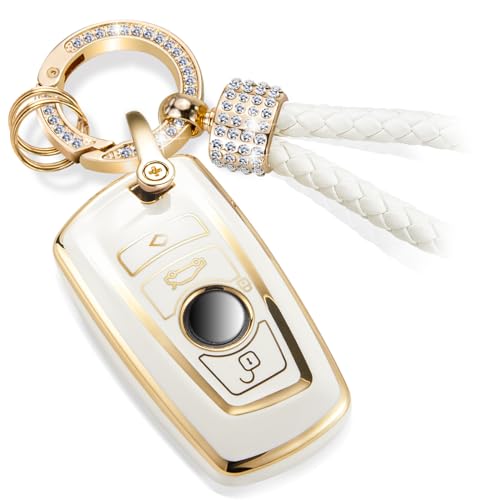 Image of Car Key Fob Cover for BMW, Rhinestone Loop Keychain Case, Gold