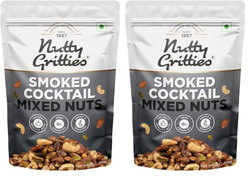 Image of Nutty Gritties Premium Smoked Cocktail Mixed Nuts 200g - Roasted and Smoked Flavoured Pistachio Almonds, Cashew Nuts, Pistachio Kernel | Mixed Dry Fruits| Evening Snack (Pack of 2)