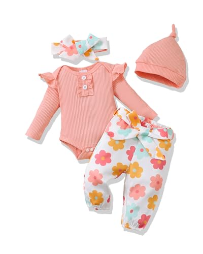 Image of Renotemy Newborn Baby Girl Clothes Outfits Infant Romper Ruffle Floral Pants Cute Toddler Baby Girl Clothes Set