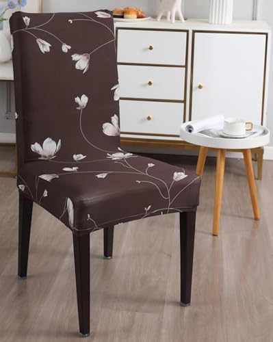 Image of Gifts Island Polyester Floral Print Dining Table Chair Cover Set of 6 Seater Stretchable Washable Chair Seat Slipcover Protector (Brown)