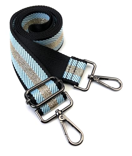 Image of Light Blue and Gold Thread Stripe Webbing Purse Strap with Gunmetal Black Hardware 1-1 /2 Inch Wide Replacement Crossbody Guitar Style Adjustable Shoulder Strap for Handbags Totes