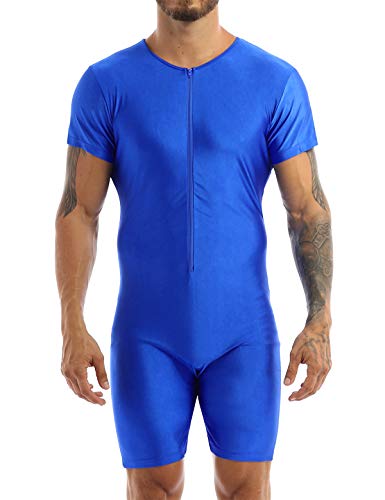 Daenrui Mens Short Sleeve Zip Up Boxer Leotard Shorty Wrestling Singlet Unitard Gymnastics Bodysuit Blue X-Large