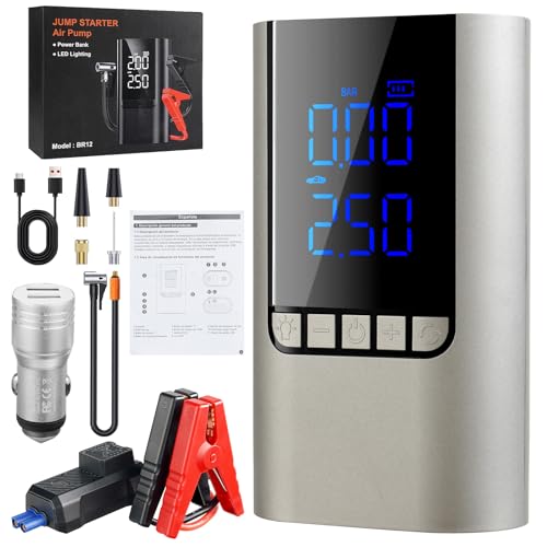 LINGLUCKY Arrancador de Batería de Auto Portátil 3000A y Compresor de Aire 150PSI,Jumper para Carro de 12V(9L Gasolina/6.5L Diésel) con Pantalla...