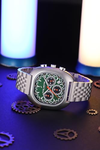 Image of Daniel Hechter Paris Broadway Collection Chronograph Watch for Men with Emerald Green Square Dial | Tachymeter Bezel, Date Display & Silver Stainless Steel Strap - DHM1033-55