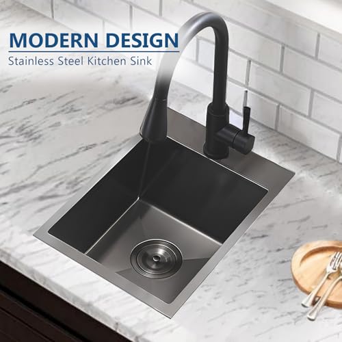 Image of 15 Inch Drop In Bar Sink, Gunmetal Black 15x17x9 Topmount Stainless Steel Single Bowl Wet Bar Prep RV Outdoor Small Kitchen Sinks 16 Guage with Drain