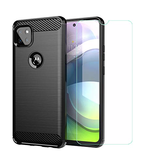 DQG Funda para Motorola Moto G 5G, Fibra de Carbono Carcasa TPU Suave + Protector de Pantalla Templado Film Caso Carbon Fiber Case para Motorola Moto G 5G (6.7') - Negro