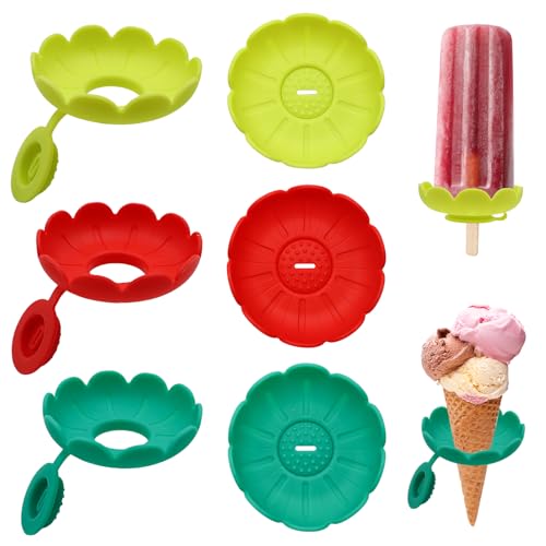 OMJMYY 6 Stück Tropffrei Eis am Stiel-Halter für Kinder & Erwachsene - Wiederverwendbare Silikon Eishalterung mit Auffangschale, BPA-Freier Eis Tropfschutz