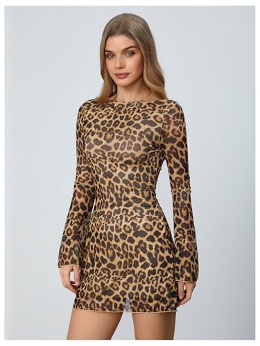 Image of MakeMeChic Women's Cheetah Print Mini Dress Y2k Bell Sleeve Leopard Print Dress Going Out Outfits