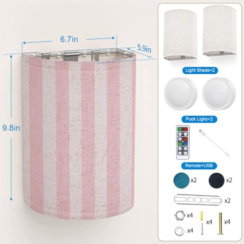 Image of Wall Sconces Set of Two Battery Operated Pink Pattern Cute Wireless Plug in Wall Lights Fixtures Remote Dimmable for Bedroom Living Room Hallway