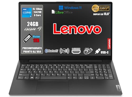 Lenovo Ordinateur portable PC portable, processeur Intel i5 13Th, 13420H 8 cœurs, 24 Go Ram, Full HD 15,6', SSD Nvme 1 To, Wi-Fi 6, Bluetooth 5.2, USB 3.2 Type-C, souris Wifi, W11 Pro, garantie