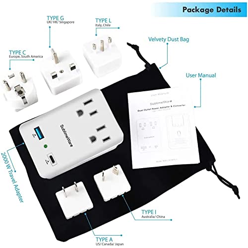 2000 W Travel Adapter Kit W/ 2 Usb Ports & Outlets - International Power Adapter Plug Europe Us Uk Adaptor - 220-110V Adapter - Smart 2.4 A Usb Electrical Charger Dual Voltage Device Sublimeware #TOP5
