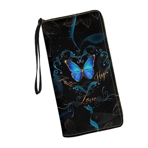 Magic Blue Butterflies Wallet Slim Thin Leather Purse Wallet With Zip Around Clutch Casual Handbag For Phone Key Credit Cards