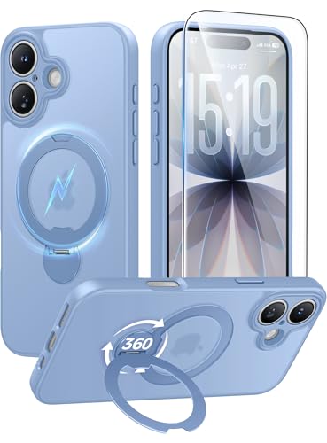 Image of FNTCASE for iPhone 17 Case: [360 Spin Magnetic Stand] [Compatible with Magsafe] [Screen Protector] Translucent Matte Military Grade Shockproof Full Camera Protective Phone Cover - Light Blue