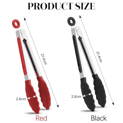 2 Piece Kitchen Tongs Set | Silicone Kitchen Tongs for Grilling, Cooking and Serving | Heat Resistant Kitchen Tong for Non-Stick Pans | BPA Free Stainless Steel Kitchen Utensils - Black & Red - Image 3
