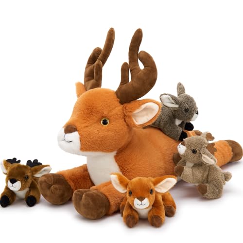 MorisMos 5 Pcs Large Deer Stuffed Animal, 18inch Mommy Deer Plush with 4 Fawns, Soft Fawn Plush Toys Gifts for Kids, Girls, Boys