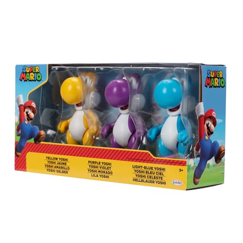 Image of Nintendo Yoshi 3-Pack Action Figures, 4 Inch / 10cm Authentic Super Mario Figures Includes Yellow Yoshi, Purple Yoshi and Light-Blue Yoshi, Ideal for Ages 3+