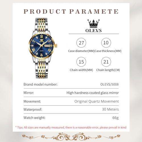 Image of OLEVS Watches for Women Diamond Luxury Waterproof Stainless Steel Day Date Dainty Analog Quartz Womens Watches for Small Wrists A Thoughtful Gift for Mother's Day,Birthdays or Anniversaries