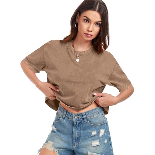 Womens Cropped Tops Short Sleeve T-Shirt Acid Wash Cotton Tee Vintage Round Neck Basic Tees Casual Shirts4