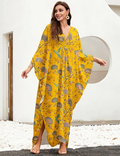 Image of MAKABO Kaftan Dresses for Women, V Neck Moo Moos Colorful Print Cover Ups Caftan Beach Dresses for Swimwear