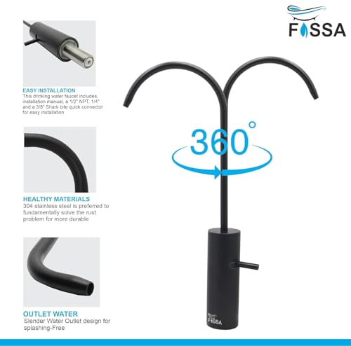 Image of Fossa Opera J Bend RO Tap Kitchen Water Filter Faucet | 100% Lead-Free Drinking Water Faucet | Stainless Steel | 360 Swivel Spout | Brushed Nickel Black Finish | Rust-Free Healthy Water Filter Tap