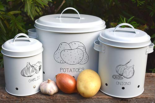 Potato Onion Garlic Storage Bin with Lid - Set of 3 - Kitchen Pantry Organizer and Tin Vegetable Keeper - Vintage White Farmhouse Metal Containers - Counter Fresh Produce Canister Bins by GOVÅ - Thumbnail 6