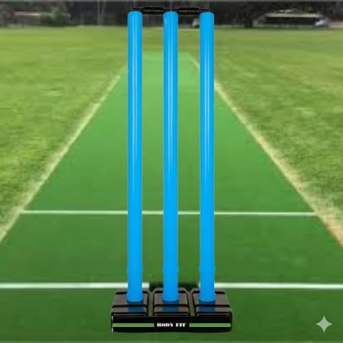Image of Bodyfit Heavy Cricket Stumps | Plastic Wickets Set with 3 Stumps + 2 Bails + 1 Stand | Full Size Wickets for Cricket Ground, Tournament Wicket. (Blue-Black)