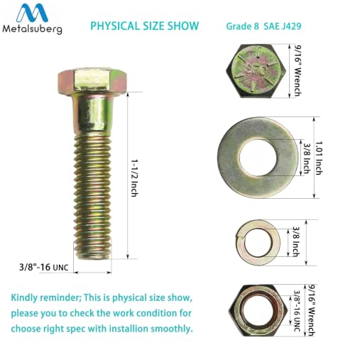 Image of 3 /8 inch x 1-1 /2 inch Grade 8 Hex Head Bolt and nut,Spring Lock Washer and Large Flat Washer Assortment Kit, Color Gavalization,Alloy Steel,Heavy Duty,(16sets Pack),by Metalsuberg.