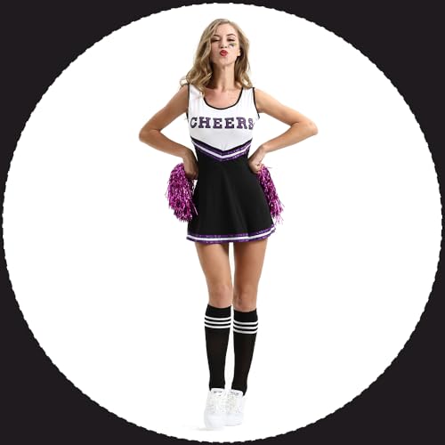 PASLFC Cheerleader Kostüm Damen für Erwachsene,Cheerleading outfit,Cheerleadering Outfit,High school musical cheerleader kostüm,Cheerleader Pompoms für Karneval Party Cosplay Fasching Halloween