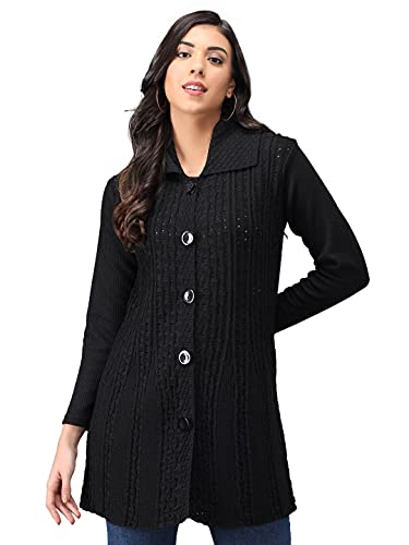 Image of eKools Women's Winterwear Woolen Self Cardigans Banded Collar Sweaters (Black, Medium)
