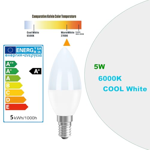 PureShine SES E14 Led Light Bulb Cool White, Small Edison Screw,40W Equivalent,5 Watt 470LM,6000K, Energy Saving Lightbulbs, Pack of 6 - Image 3