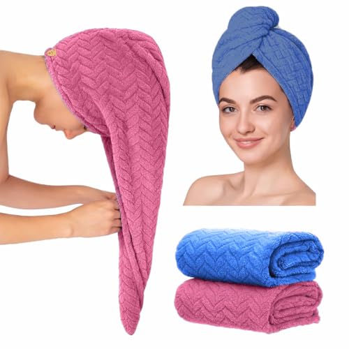 Image of MAXOSHINE Hair Towel Wrap for Women-Quick Drying Microfiber Towel for Hair with Elastic Loop for Tying-Super Absorbent Head Towels Wrap for Ladies Hair Turban, Pack of 2