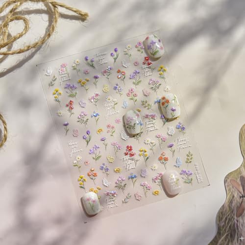 Image of Flower Nail Stickers Wildflower Nail Art Stickers with Butterfly Design 5D Embossed Self Adhesive Spring Nails Decals Charms Supply Decoration Accessories for Women