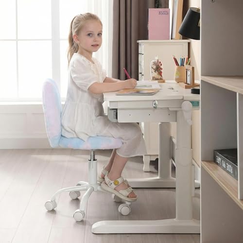Image of Kmax Kids Reading Chair, Rolling Cute Desk Chair for Girls Swivel Office Chair with Wheels & Heart Back Adjustable Childrens Vanity Chair for Bedroom Reading Room - Fur, Baby Blue