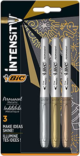 BIC Intensity Marker, in 3 verschiedenen Metallicfarben, Strichstärke: 0.8 mm, mit komfortablem Gummigriff und Austrocknungsschutz, gold/silber/bronze