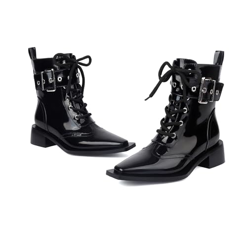 Women's Ankle Boots Square Toe Lace-up Black Buckle Boots Low Heel Side Zipper Short Bootie Casual Boots Dress comfy Boots.3