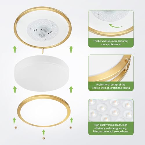 Image of Flush Mount Ceiling Light - 2 Pack 13″ 36W 3000K /3500K /4000K /5000K /6000K Dimmable Led Ceiling Light Fixture for Kitchen Hallway Bedroom Bathroom (2, Brushed Gold, 13 Inch)
