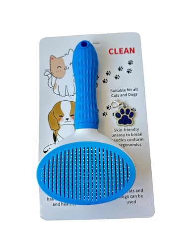 Image of Self-Cleaning Pet Grooming Brush - Stainless Steel Slicker Brush for Dogs, Cats, Rabbits & Small Pets - Ideal for Shedding, Tangles, and Mats - Perfect for Short & Long Hair Breeds by (Blue)