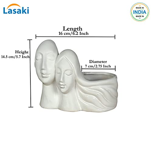 Image of Lasaki Couple White Ceramic Pots for Indoor Plants, Planters, Flower, Pots, gamla, Outdoor, Balcony, Home, Garden, Office Decor, Succulent Pot(L - 16 X W - 10 X H - 14.5 cm)(Plants not Included)
