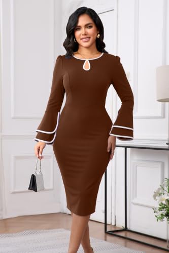 Image of ZonJie Church Dresses for Women Bell Sleeves Business Wear to Work Cocktail Party Pencil Casual Dress