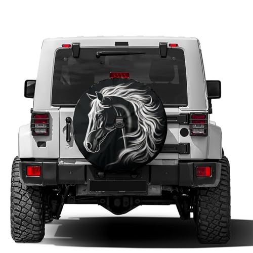 Image of Delerain Spare Tire Cover with Backup Camera Hole White Horse Black Wheel Covers Waterproof Dust-Proof UV Sun Universal Fit for Jeep Trailer RV SUV Truck (18 Inch for Diameter 32 inch-34 inch)