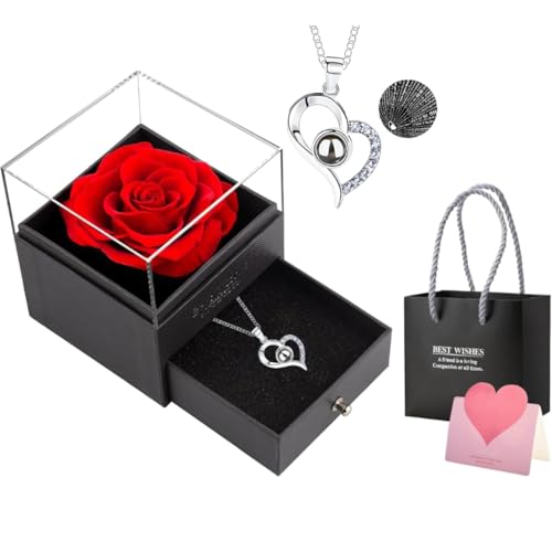 Hudux 1PCS Artificial Preserved Red Rose, Eternal Rose & Heart Ne...