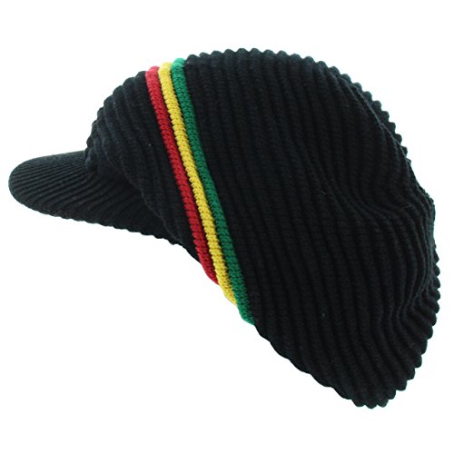 Milani Rasta Ribbed and Slouchy Beanie Visor Cap Woven Hat w/Red Yellow Green Stripe (0014 Black)
