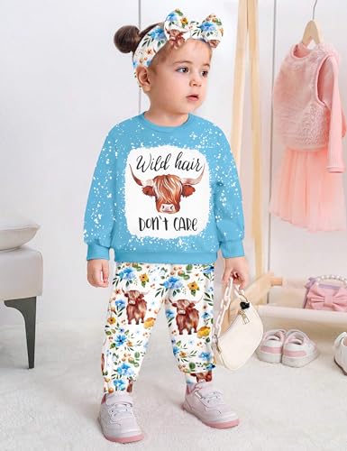 Image of Toddler Girl Clothes Fall Winter Outfits Wild Hair Don't Care Highland Cow Sweatshirt Pants Western Cowgirl Outfit