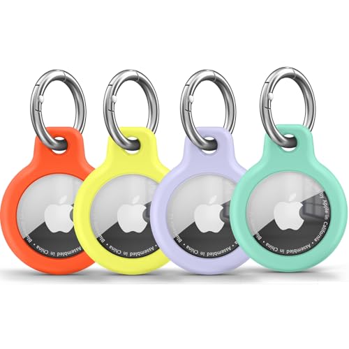 Wanme Airtag Porte Clé, Étuis pour Apple AirTag Coque, Protection Résistante à Scratch, Couvercle étanche, Maisons AirTag avec Couvercle Avant (Y4-Orange/Jaune/Violet/Vert)