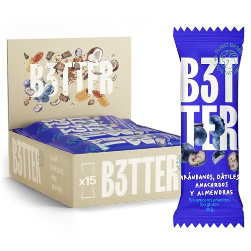 Barritas Proteina B3TTER Arándanos - Barritas Energéticas con Ingredientes 100% Naturales - Sin Azúcar Añadido - Pack 15 Unidades - Alto Contenido en Fibra y Proteinas - Sin Gluten